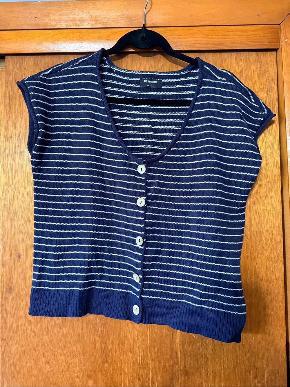 Workshop Republic Clothing Navy Blue & White Striped Button-Front Knit Top